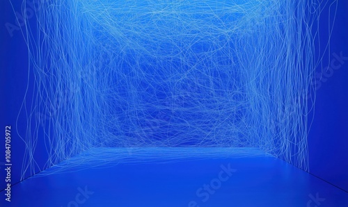 Blue light installation with abstract lines, immersive art experience, ethereal atmosphere, modern design, captivating visual photo