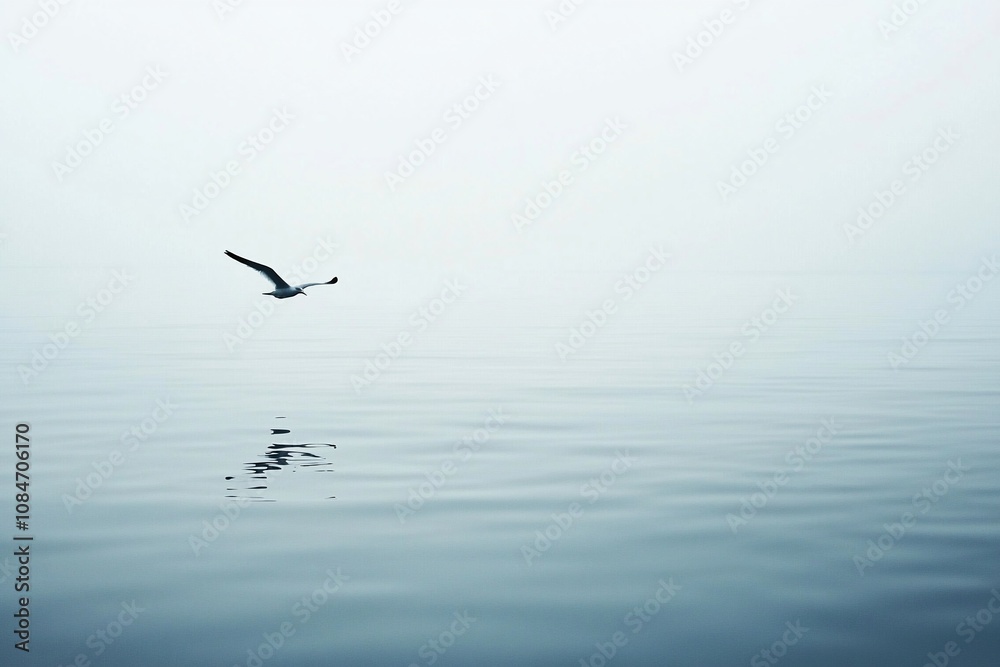 A Solitary Bird Gliding Above a Calm, Misty Water Surface A Solitary Bird Gliding Above a Calm, Misty Water Surface