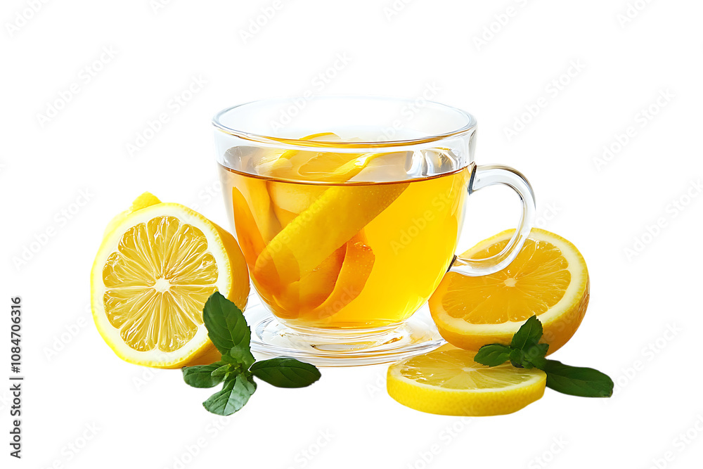 Glass of lemon tea isolated png on a transparent background