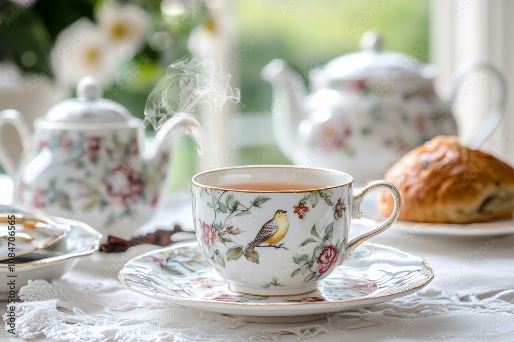 Elegant Afternoon Tea Setting with Floral Porcelain and Fresh Pastry Elegant Afternoon Tea Setting with Floral Porcelain and Fresh Pastry