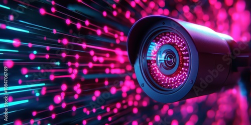 CCTV security camera infrared LED activating against a vibrant backdrop of pink and blue lights, symbolizing security and innovation in technology. photo