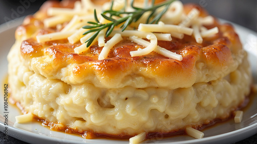 Creamy cheese souffle with golden crust and rosemary photo