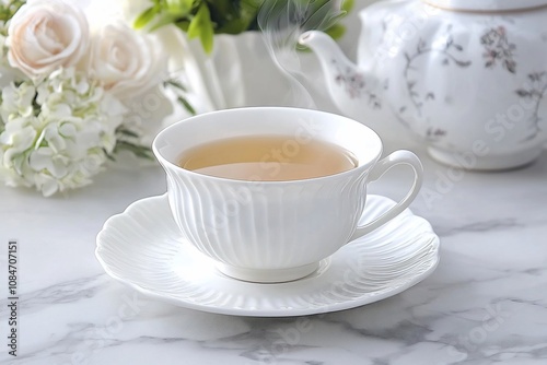 Elegant Tea Setting: A Delicate Cup of Herbal Tea on Marble Table