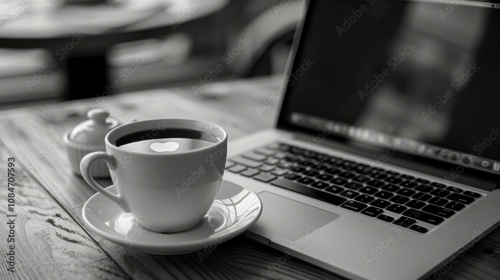 A cup of coffee and a laptop on a wooden table. A cup of coffee and a laptop on a wooden table.