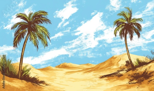 Desert landscape with palm trees and blue sky, sandy dunes, vibrant colors, tropical feel