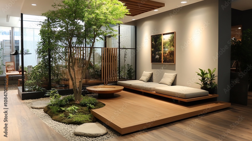 Fototapeta premium Serene indoor zen garden with low seating and plants.