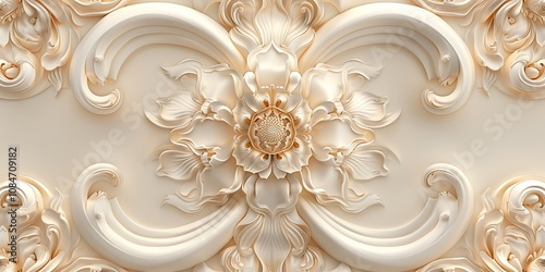 Ornate floral relief design in soft cream tones.