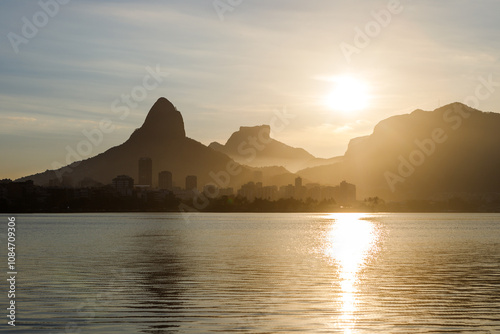 Sunset view at Rodrigo de Freitas Lagoon in Rio de Janeiro.