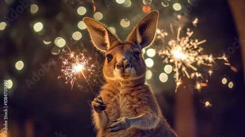 Joyful kangaroo with sparkler celebrating New Year's Eve under fireworks