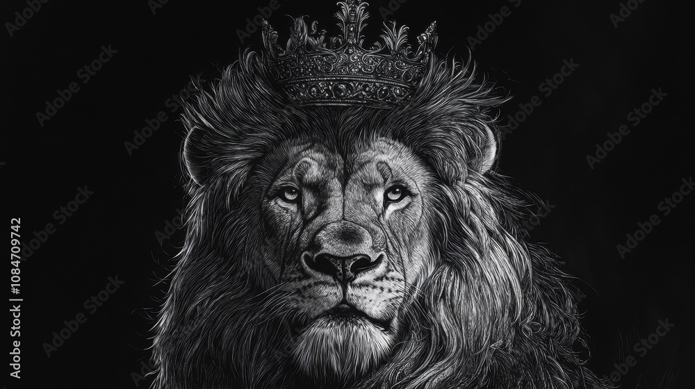 lion with a wild punk-style mane, wearing a crown, symbolizing strength, rebellion, and royalty sketch engraving raster illustration. Scratch board imitation. Black and white image. lion with a wild punk-style mane, wearing a crown, symbolizing strength, rebellion, and royalty sketch engraving raster illustration. Scratch board imitation. Black and white image.