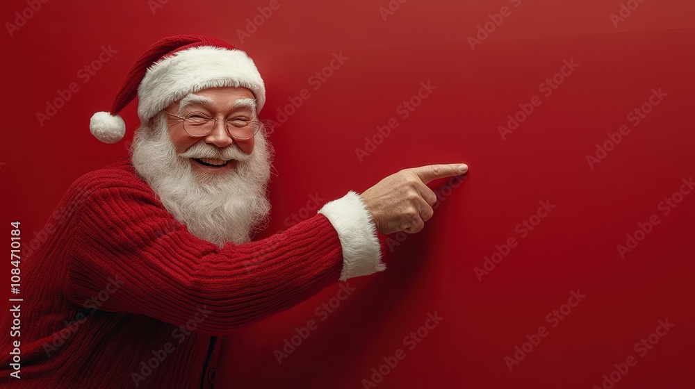 Cheerful Santa points at a red banner, perfect for your holiday ads and Christmas promotions, adding festive charm to any message Cheerful Santa points at a red banner, perfect for your holiday ads and Christmas promotions, adding festive charm to any message
