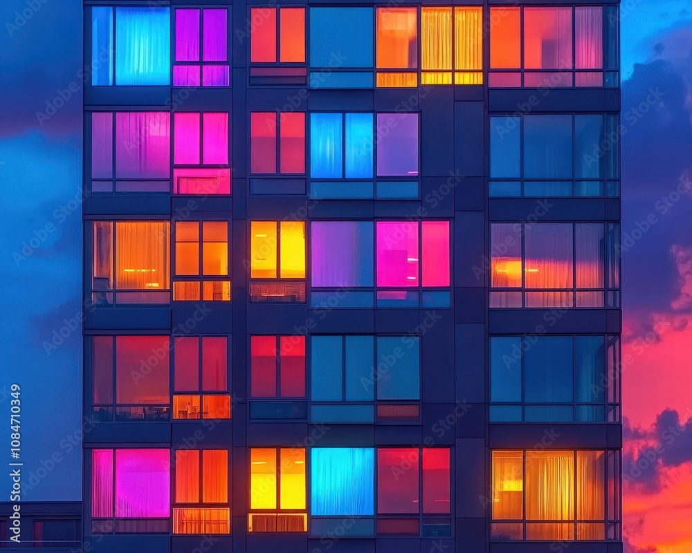 Modern building facade with colorful glass panels at sunset