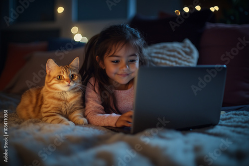 Happy little White Latina Girl Child Using Laptop Cuddled With Her Cat Kitten Pet