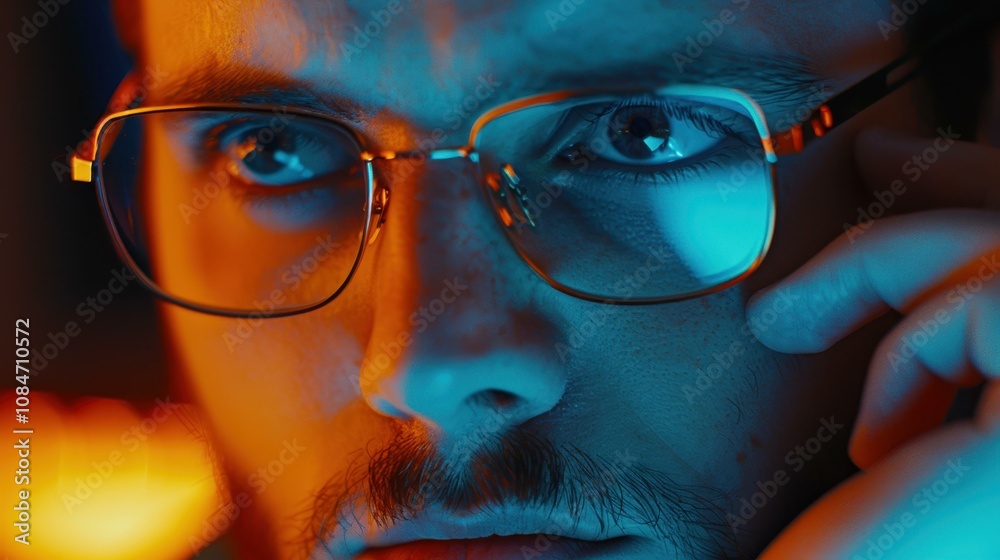 Thoughtful young man gazes at his computer, glasses in hand, deep in contemplation at his work desk. Thoughtful young man gazes at his computer, glasses in hand, deep in contemplation at his work desk.