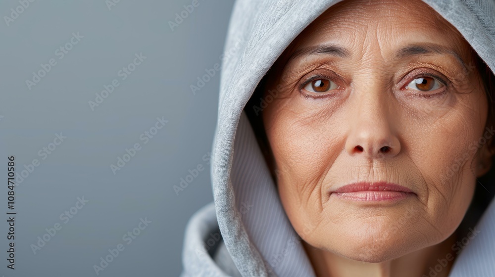 Obraz premium Elegant portrait showcasing a beautiful Asian woman in a cozy hoodie, radiating warmth and style against a soft grey backdrop.