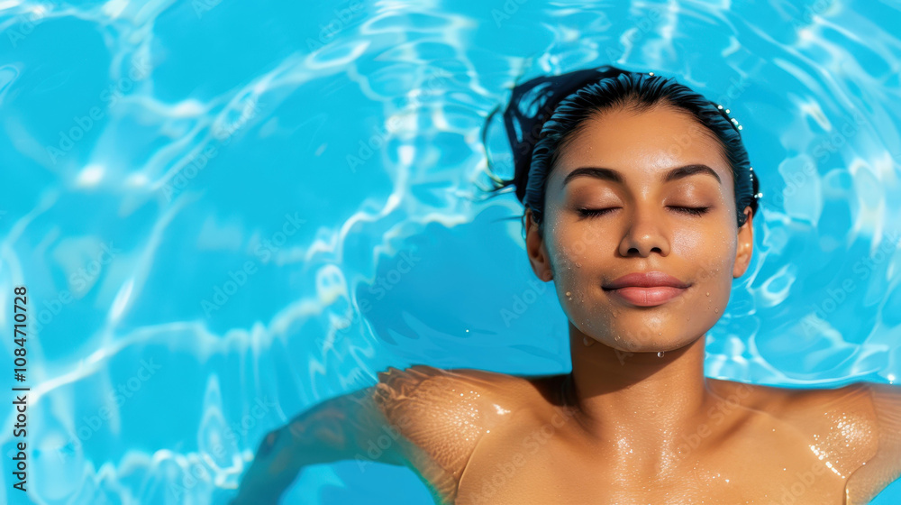 A woman enjoys serenity in a swimming pool, her eyes closed, soaking up the calming waters and sunshine. A woman enjoys serenity in a swimming pool, her eyes closed, soaking up the calming waters and sunshine.