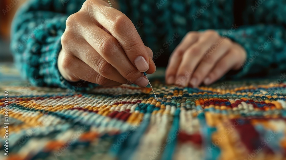 A woman skillfully sews, transforming an old tablecloth into ecofriendly bags, embracing a sustainable lifestyle. A woman skillfully sews, transforming an old tablecloth into ecofriendly bags, embracing a sustainable lifestyle.