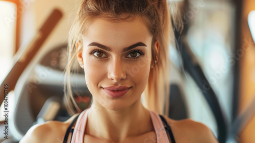 Energetic woman powering through a workout on an elliptical, pushing her limits and staying fit at the gym. photo