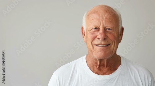 A joyful older man beams with a warm smile against a light gray backdrop, radiating positivity and warmth in this portrait.