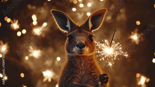 Joyful kangaroo with sparkler celebrating New Year's Eve under fireworks