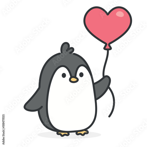 cute hand drawn penguin with a heart shaped balloon, adorable kawaii penguin animal with a heart, valentines day penguin