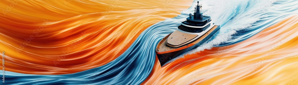 A vibrant artwork depicting a boat navigating turbulent waters, blending dynamic colors of blue, orange, and white, evoking motion and energy. A vibrant artwork depicting a boat navigating turbulent waters, blending dynamic colors of blue, orange, and white, evoking motion and energy.