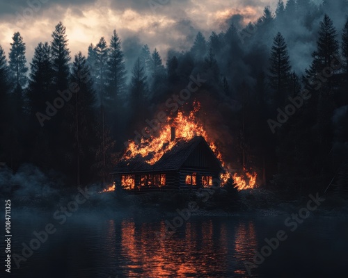 Intense fire engulfs cabin in gloomy forest landscape.  image