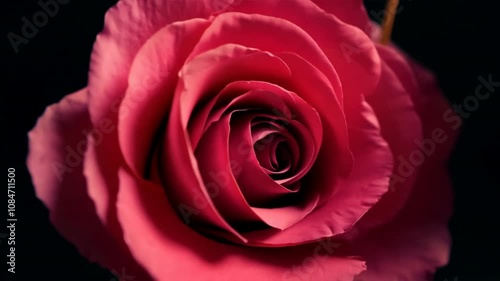 Close up of beautiful pink rose in nature, showcasing its delicate petals and intricate details against dark background, evoking feelings of romance and floral beauty.