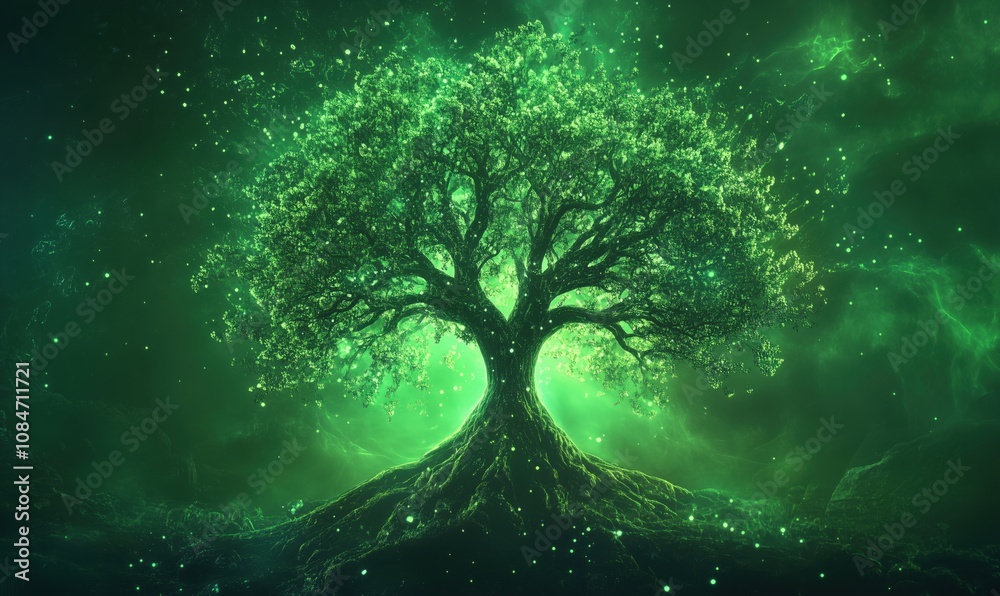 Majestic glowing tree with vibrant green aura, intricate branches, and luminous leaves, set against cosmic background Majestic glowing tree with vibrant green aura, intricate branches, and luminous leaves, set against cosmic background