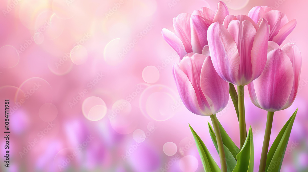 Soft and vibrant pastel tulips bloom against a dreamy light bokeh, creating a serene and enchanting floral scene.