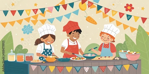 Young chefs cooking at outdoor food festival, surrounded by colorful decorations and ingredients, showcasing culinary skills and passion for cooking