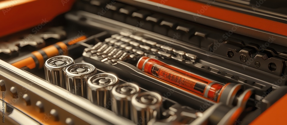 Professional-quality image of a detailed socket set in a toolbox with sizes and labels visible Professional-quality image of a detailed socket set in a toolbox with sizes and labels visible