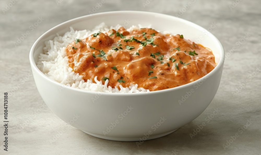 Creamy chicken curry served over fluffy white rice, garnished with fresh herbs Creamy chicken curry served over fluffy white rice, garnished with fresh herbs