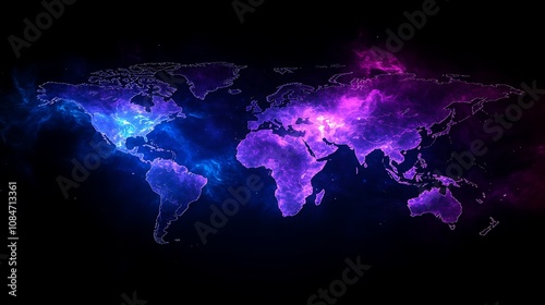 Fototapeta Naklejka Na Ścianę i Meble -  A glowing world map with blue and purple hues on a black background.