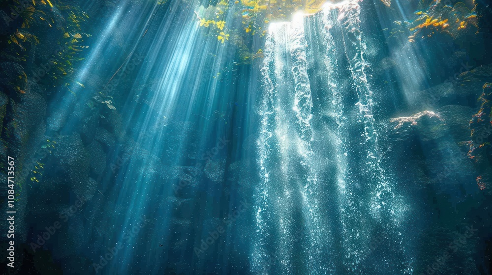 Obraz premium Sunlight beams through an underwater cave, illuminating the water and creating a mystical scene.