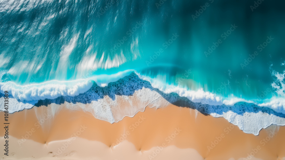 Aerial view of pristine beach and turquoise ocean waves Aerial view of pristine beach and turquoise ocean waves