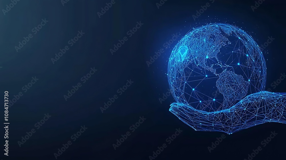 A hand holding a glowing earth globe made up of connected dots and lines on a dark blue background. A hand holding a glowing earth globe made up of connected dots and lines on a dark blue background.