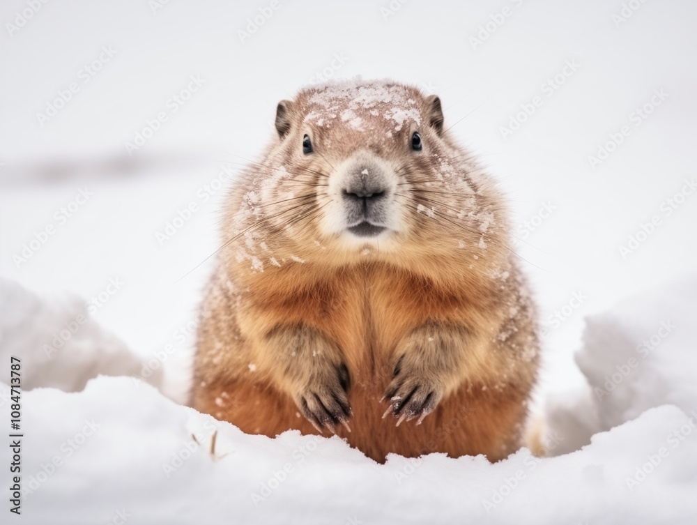 Fototapeta premium Groundhog coming out of its burrow, beautifully covered in snow during winter in a Groundhog Day