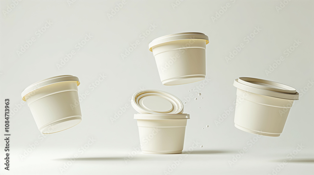 Minimalistic bagasse food containers with lids floating in mid-air against a clean white background Minimalistic bagasse food containers with lids floating in mid-air against a clean white background
