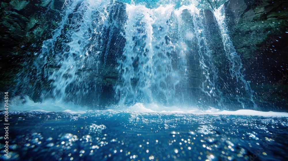 A low angle view of a waterfall cascading down a rocky cliff face. The water is clear and blue and the sun is shining brightly. A low angle view of a waterfall cascading down a rocky cliff face. The water is clear and blue and the sun is shining brightly.