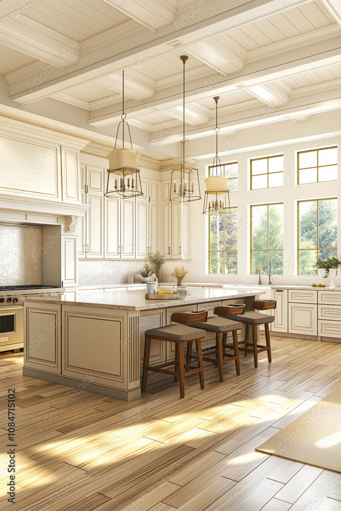Minimalistic kitchen layout featuring cabinets and dining area with balanced lighting Minimalistic kitchen layout featuring cabinets and dining area with balanced lighting