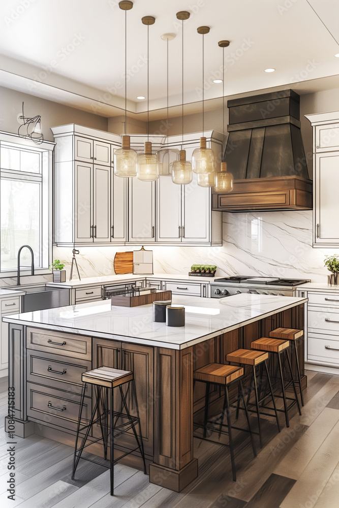 Minimalistic kitchen layout featuring cabinets, island, and dining area with balanced lighting Minimalistic kitchen layout featuring cabinets, island, and dining area with balanced lighting