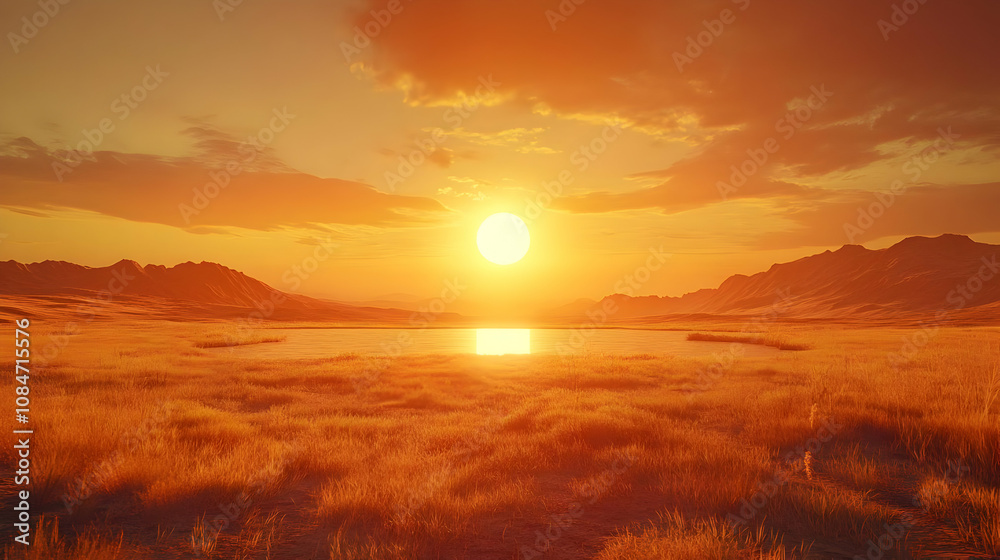 Golden Sunset Over a Lake and Mountains Illustration Golden Sunset Over a Lake and Mountains Illustration