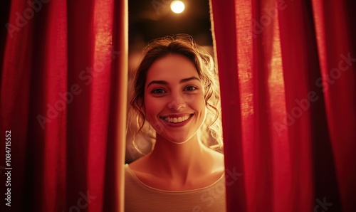 Smiling woman behind red curtains, joyful expression, warm lighting, intimate atmosphere, engaging moment captured