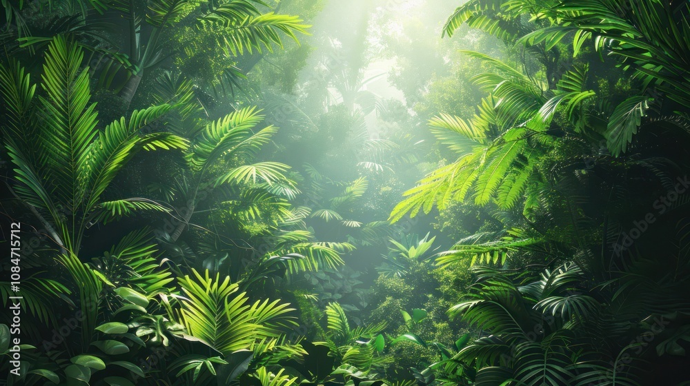 Lush green tropical jungle with sun rays shining through the foliage. Lush green tropical jungle with sun rays shining through the foliage.