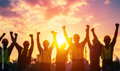 Construction workers celebrating success, silhouetted against sunset. Group of men in hard hats and vests, raising fists in triumph. Bright sky, teamwork spirit.