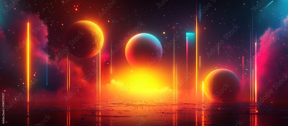 A vibrant cosmic scene featuring planets and colorful light beams against a surreal backdrop. A vibrant cosmic scene featuring planets and colorful light beams against a surreal backdrop.