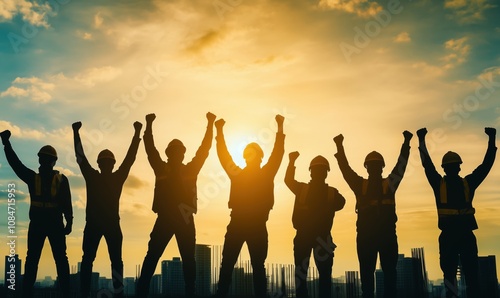 Construction workers celebrating teamwork, silhouettes against sunset, fists raised, hard hats, urban skyline, camaraderie, achievement