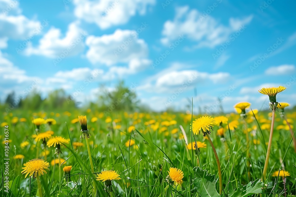 Feld of yellow dandelions and blue sky with clouds, spring landscape Feld of yellow dandelions and blue sky with clouds, spring landscape