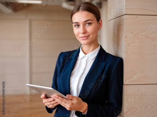 bonita joven mujer de negocios con traje formal sosteniendo una laptop mirando al frente sonrriendo en su trabajo photo